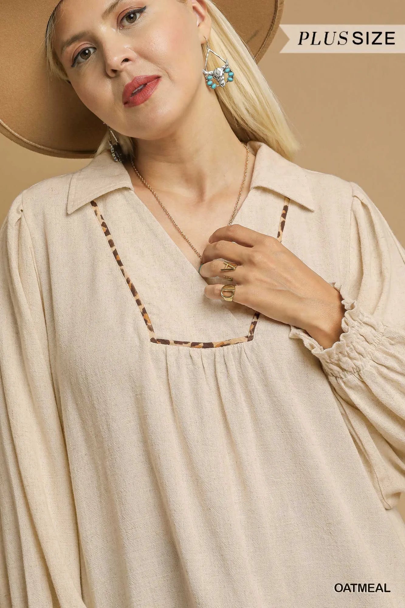 Full Size Linen Scallop Hem Blouse with Contrast Trim Plus Size