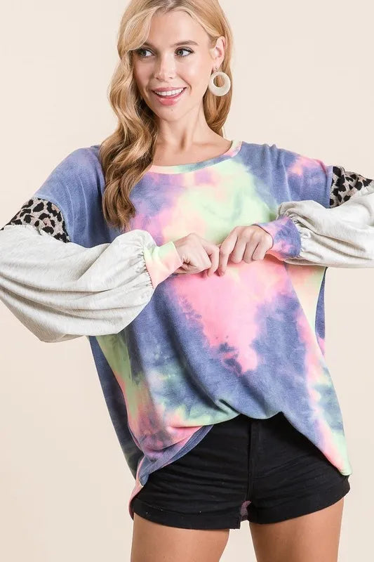 Tie Dye Terry Top with Contrast Puff Sleeves