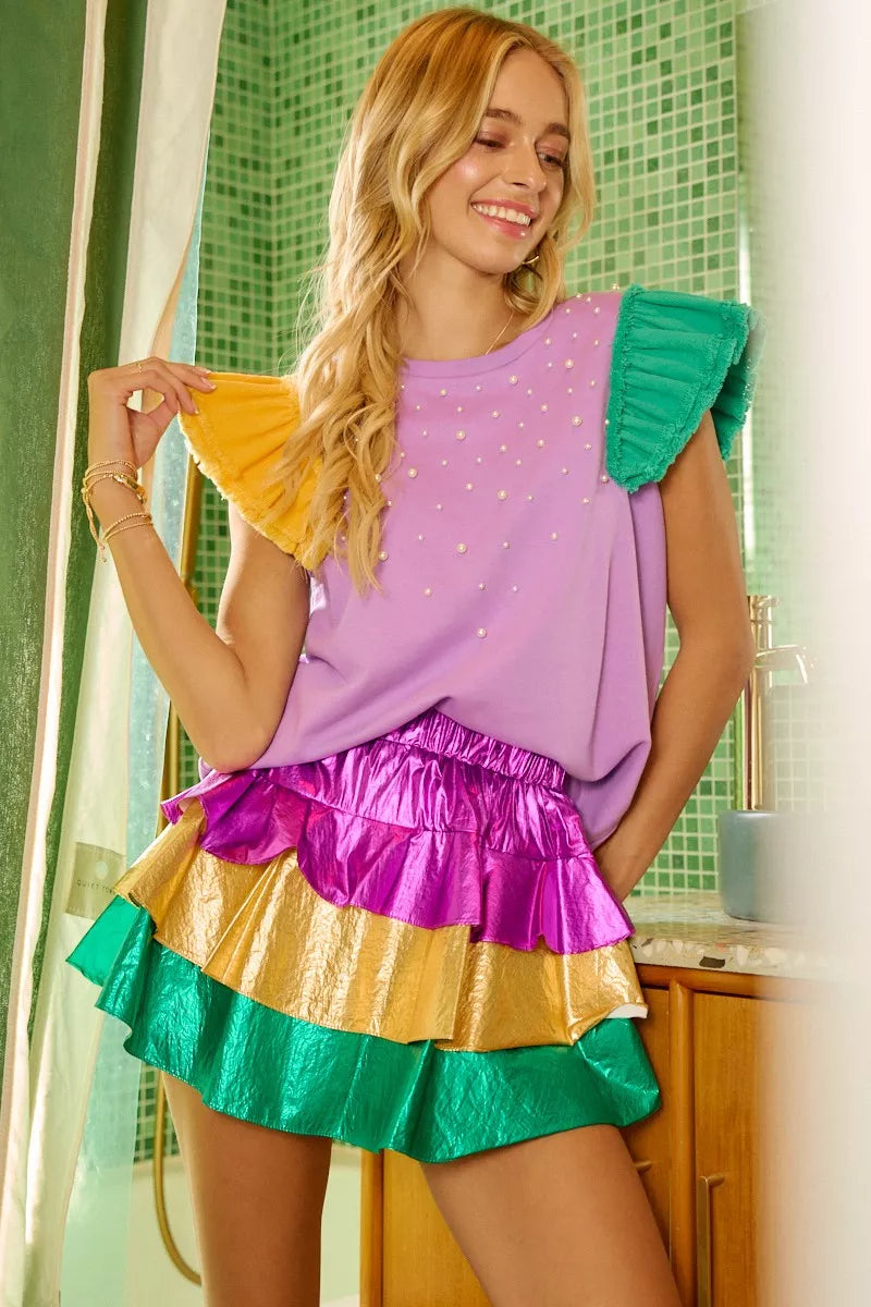 Mardi Gras Color Block Metallic Tiered Skirt