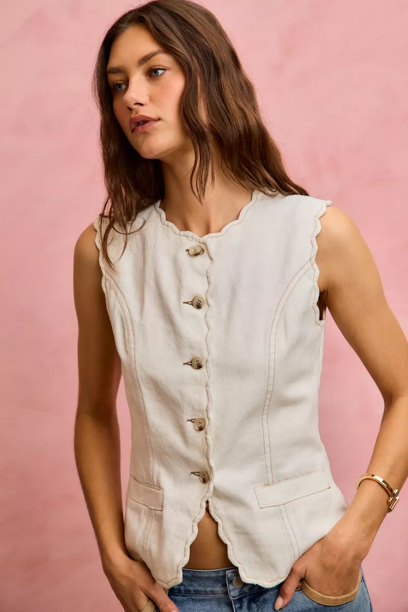 Scalloped Edge Cotton Twill Washed Vest Top
