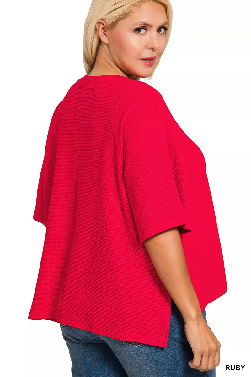 Full Size Double Knit Side Slits Hi Low Short Sleeve Top Plus Size