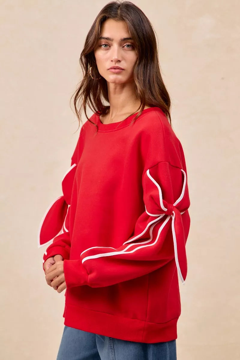 Bow Detail Sleeves Fleece Sweatshirt