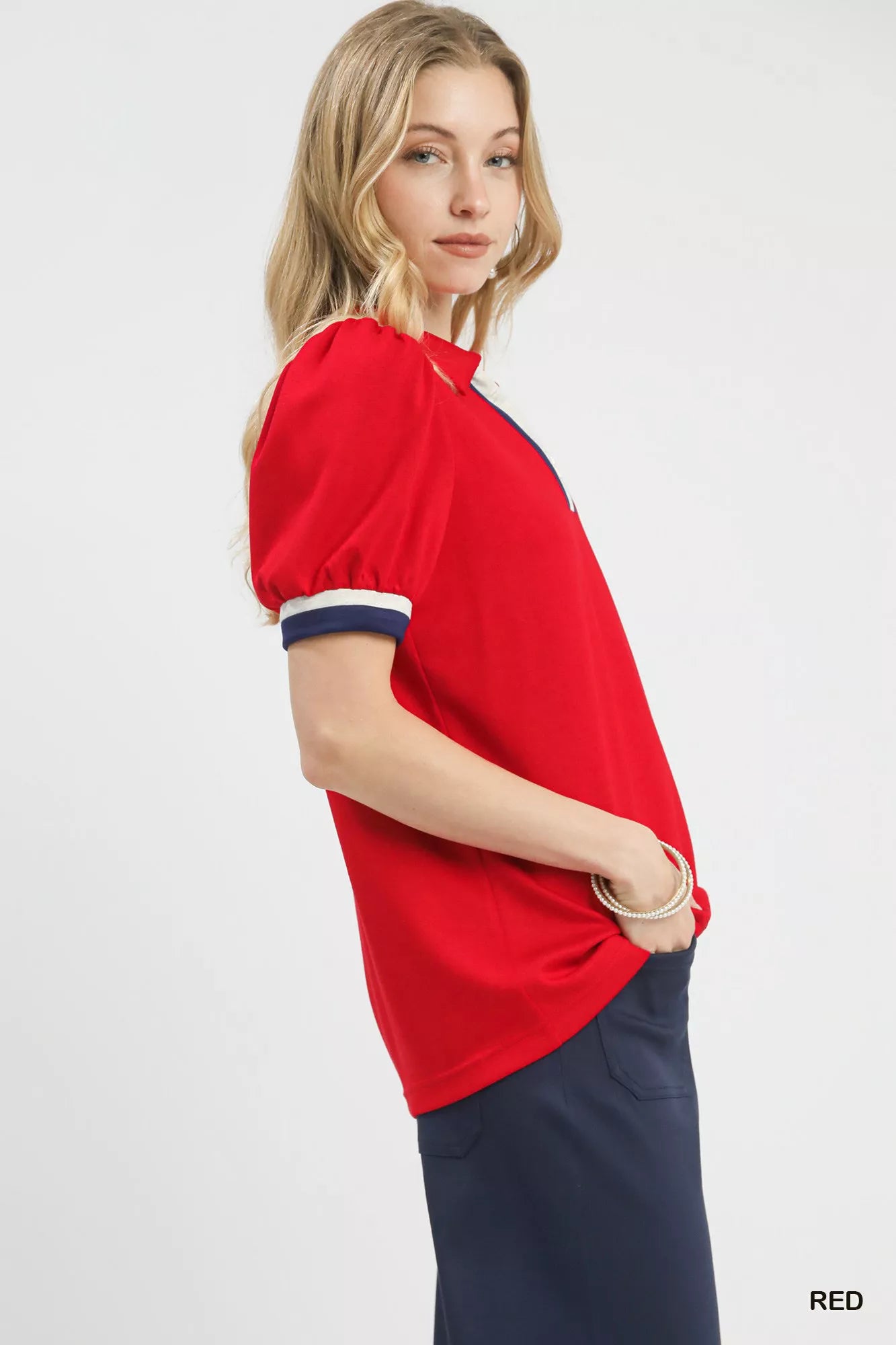 Puff Sleeve Zip Front Top with Contrast Striped Trim
