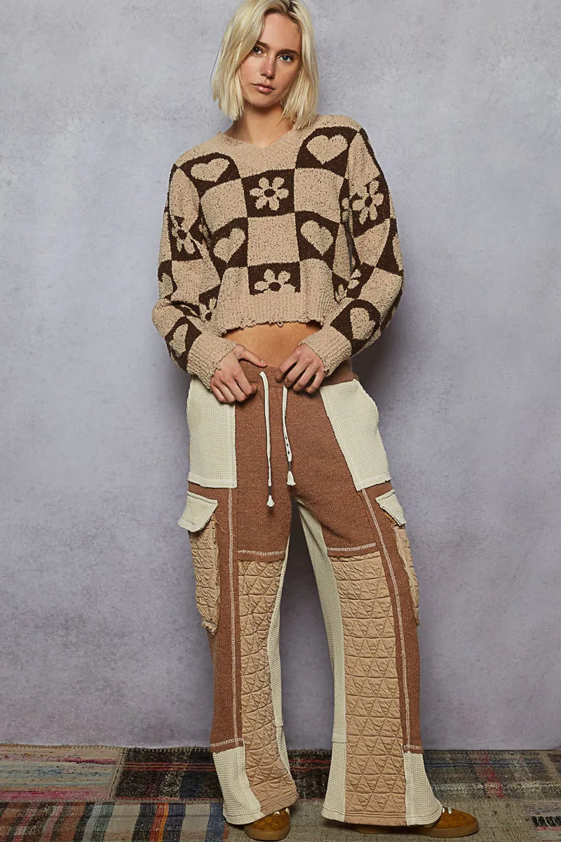 V-Neck Heart Pattern Checkered Sweater