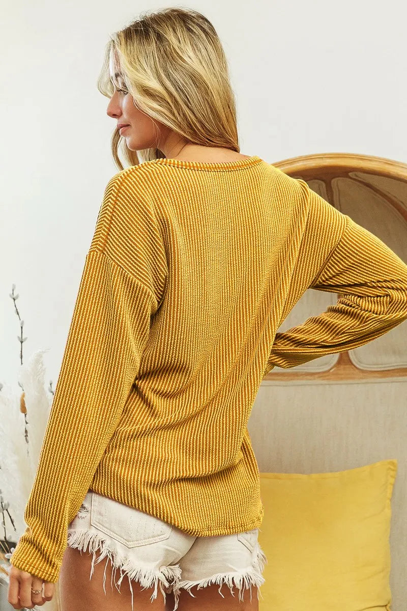 Wavy Two Tone Rib Notch Neck Patch Pocket Top