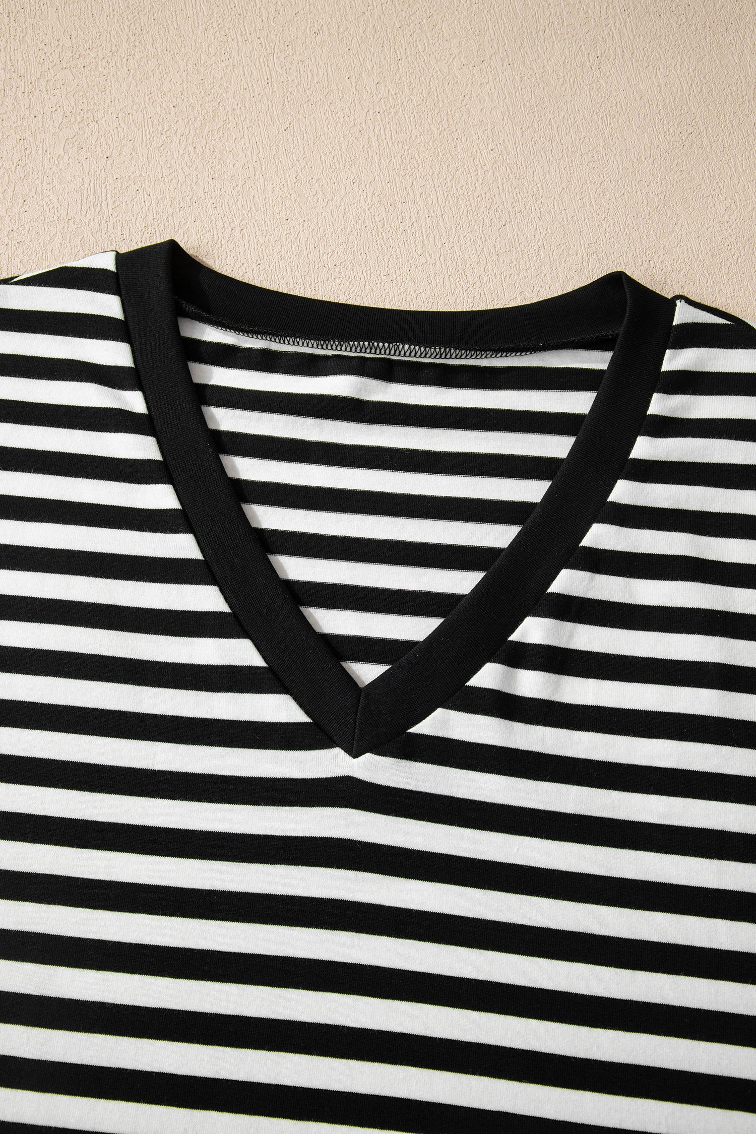 Black Striped Print V Neck Delicate Trim Casual Tee