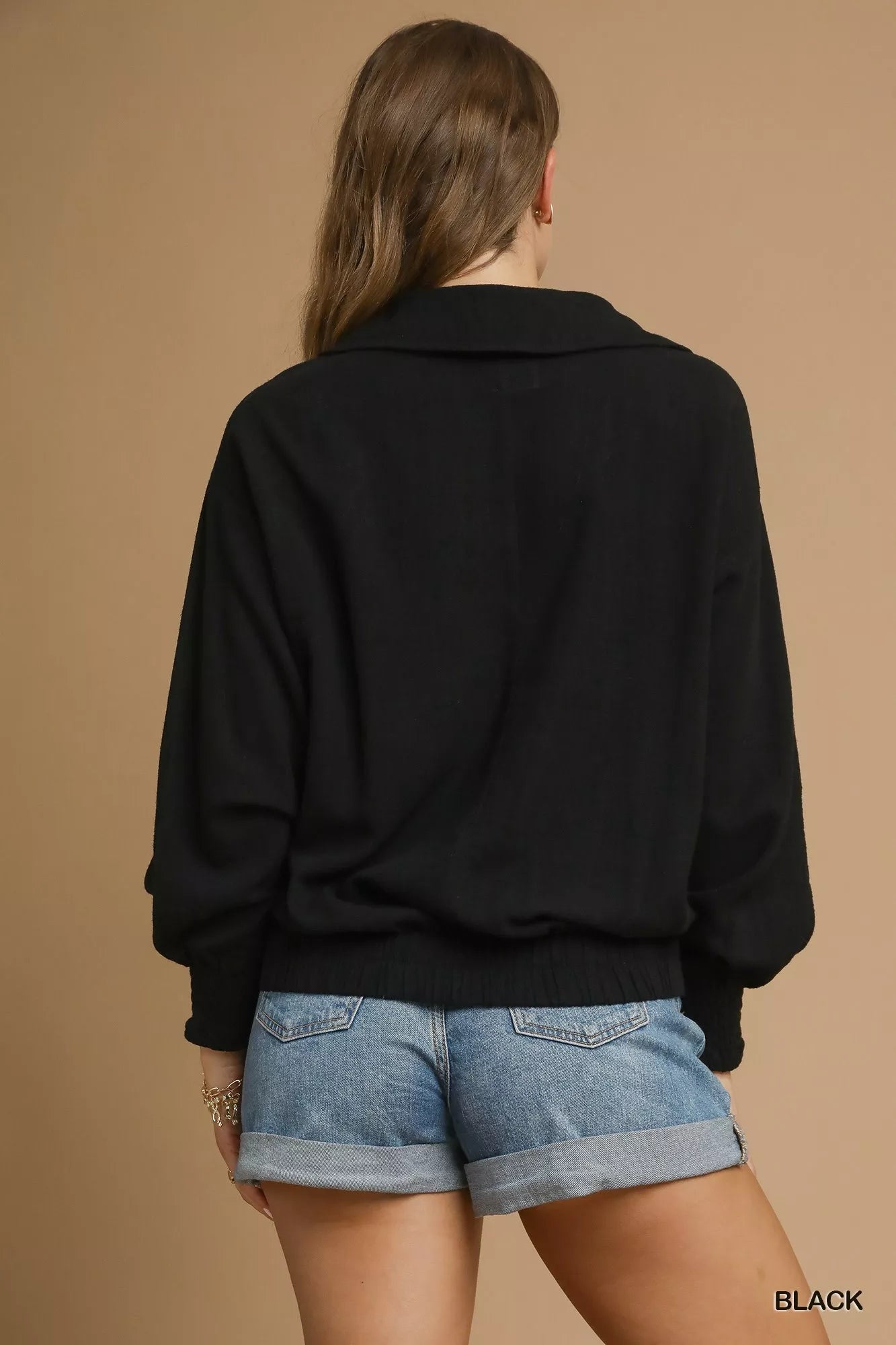 Linen Long Sleeves Elastic Hem Blouse