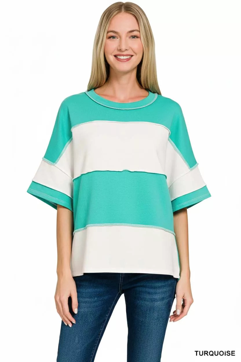French Terry Color Block Exposed Seam Top