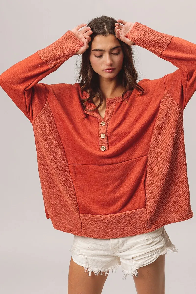 French Terry Knit Side Block Buttoned Henley Top