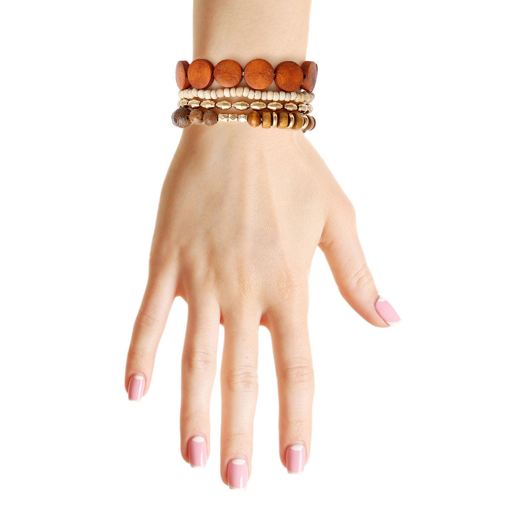 Bracelet Set 4 Pcs Brown Wood Layered Stylish Casual Accessories