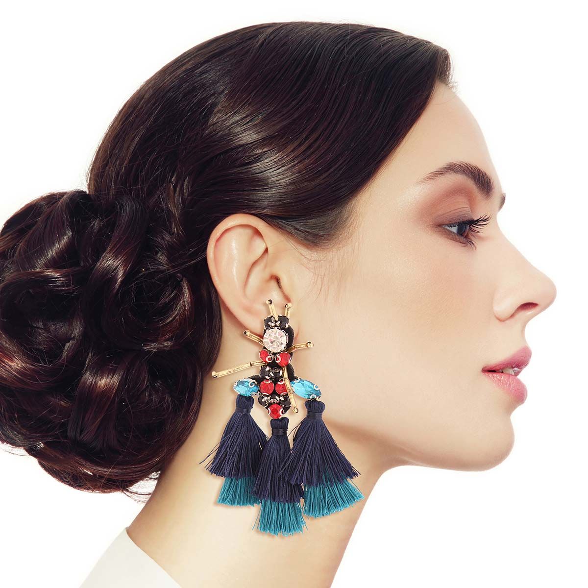 Statement Earrings Rhinestone Tassel Navy Bee Stylish Fashion Jewelry