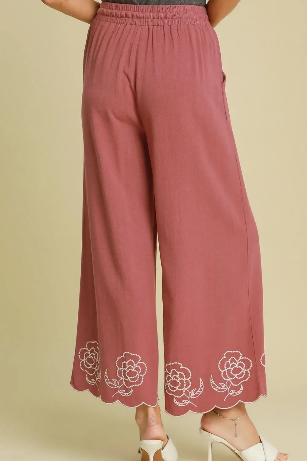 Full Size Linen Blend Wide Leg Pants with Scalloped Hemline Plus Size