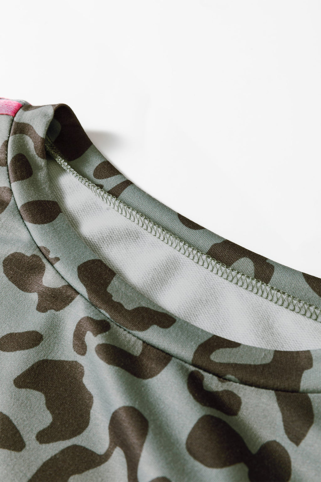 Green Leopard Print Varsity Striped Trim Long Sleeve Top