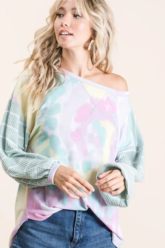 Tie Dye Terry Top with Wide Stripe Thermal Waffle