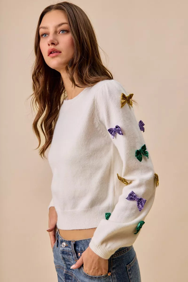 Mardi Gras Glitter Bow Ribbon Sweater Knit Top