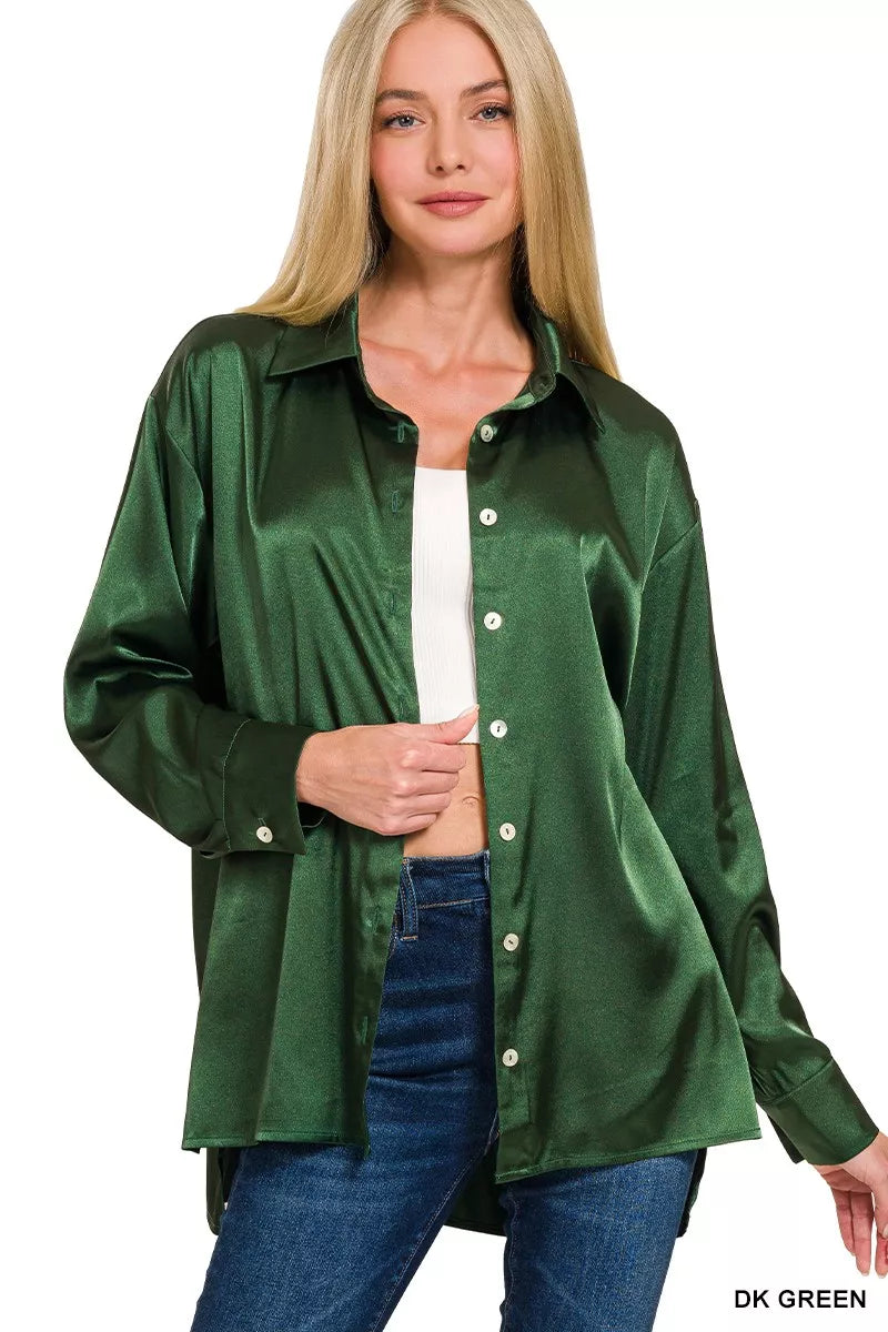 Satin Button Down Long Sleeve Shirt