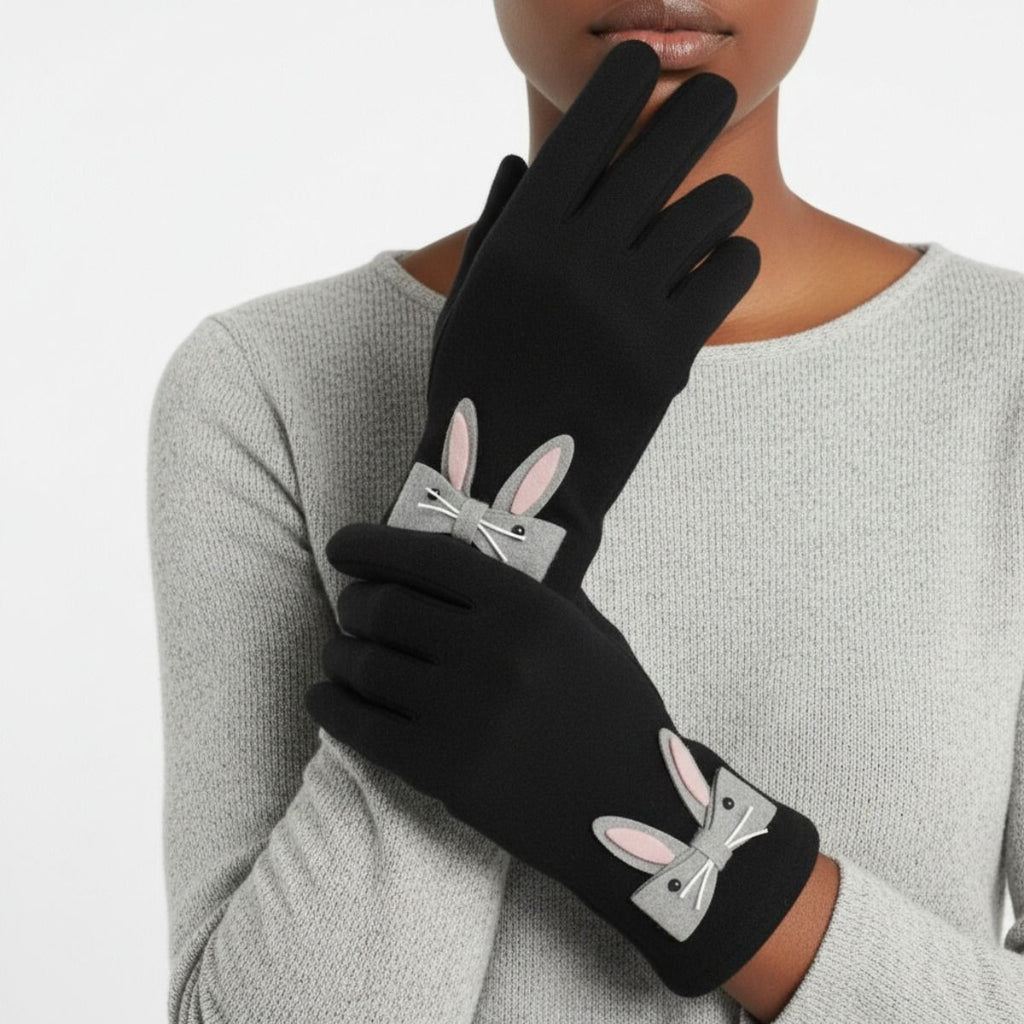 Winter Woolen Touchscreen Gloves Black with Cute Rabbit Detail Stylish and Trendy