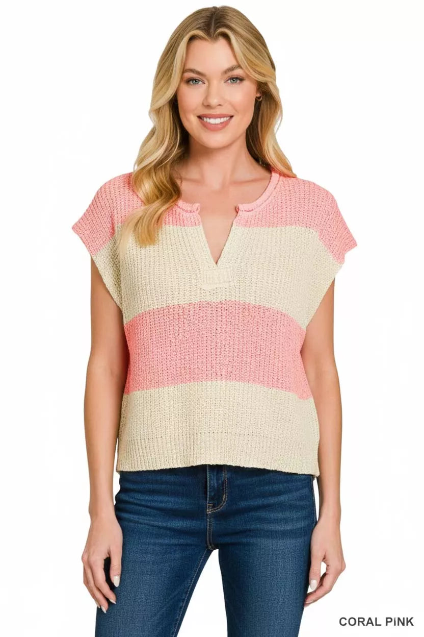 Split Neck Sleeveless Stripe Sweater