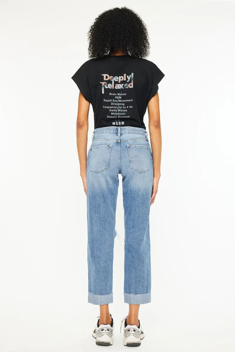 Kancan Mid Rise Distressed Boyfriend Fit Jeans