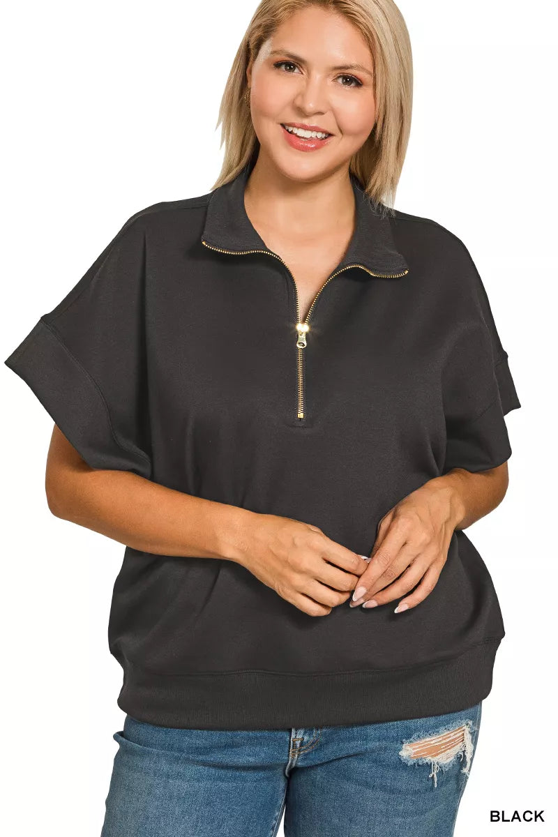 Full Size Scuba High Neck Half Zip Short Sleeve Top Plus Size