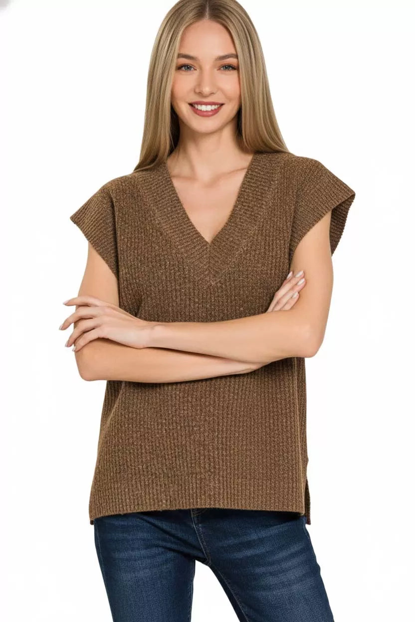 Ribbed Slit V-Neck Sweater Vest