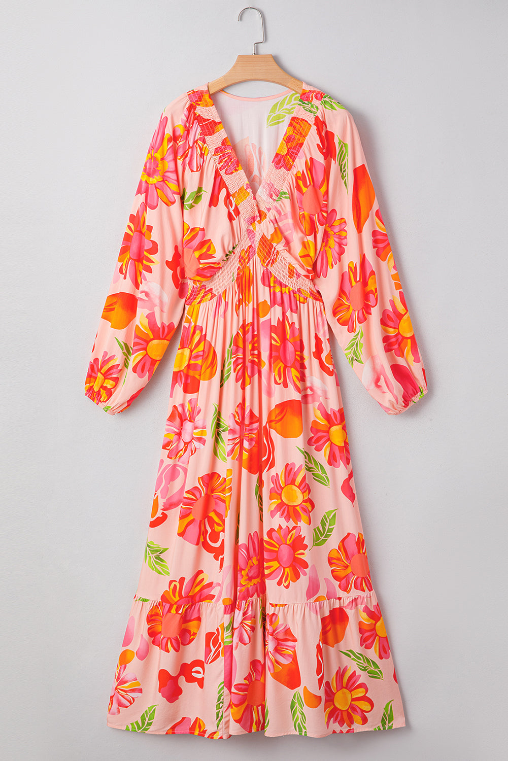 Beige Floral Print Smocked Detail V Neck Puff Sleeve Flowy Maxi Dress