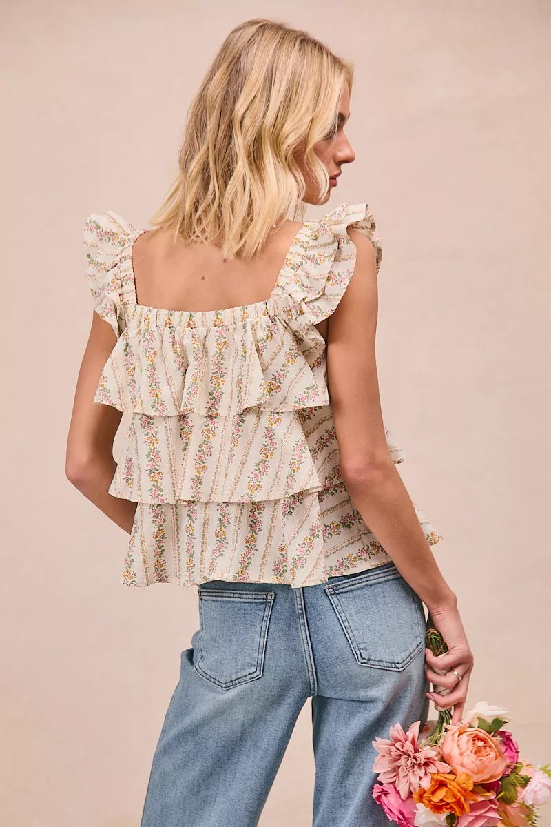 Floral Printed Woven Front Bow Tied Ruffled Square Neck Sleeveless Top