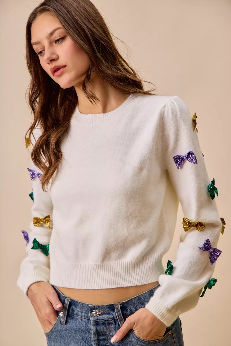 Mardi Gras Glitter Bow Ribbon Sweater Knit Top