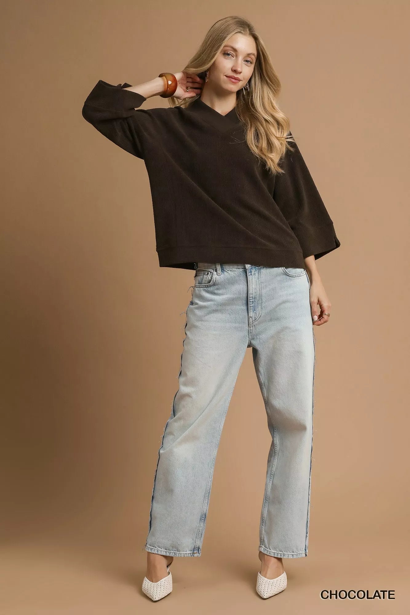 Textured Knit V-Neck Top