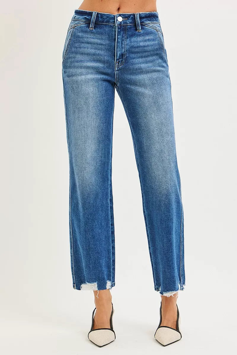 High Rise Ankle Straight Distressed Hem Detail Jeans