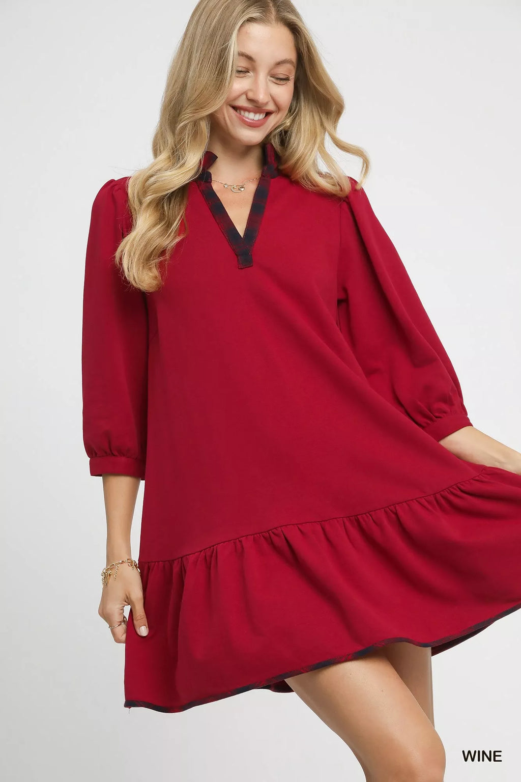 French Terry Ruffle Hem Dress with Plaid Trim