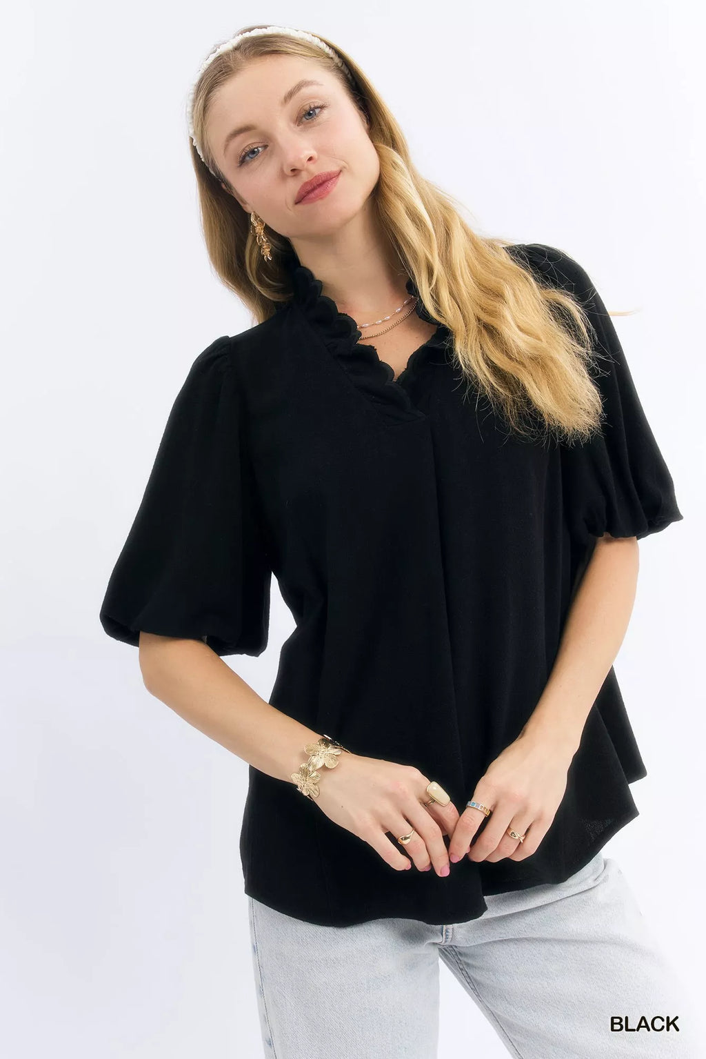 Linen Scallop Trim V-Neck Blouse