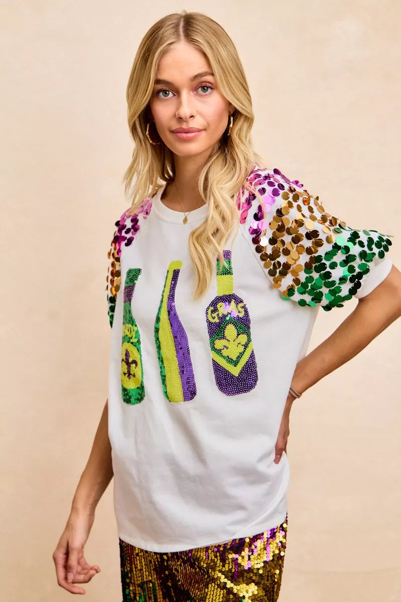 Sequin Mardi Gras Bottles Spangled Sleeve Top