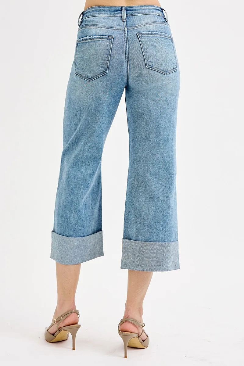 Full Size Tummy Control High Rise Ankle Wide Cuffed Jeans Plus Size