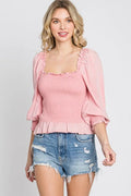 Full Size Ruffled Smocked Frill Square Neck Top Plus Size