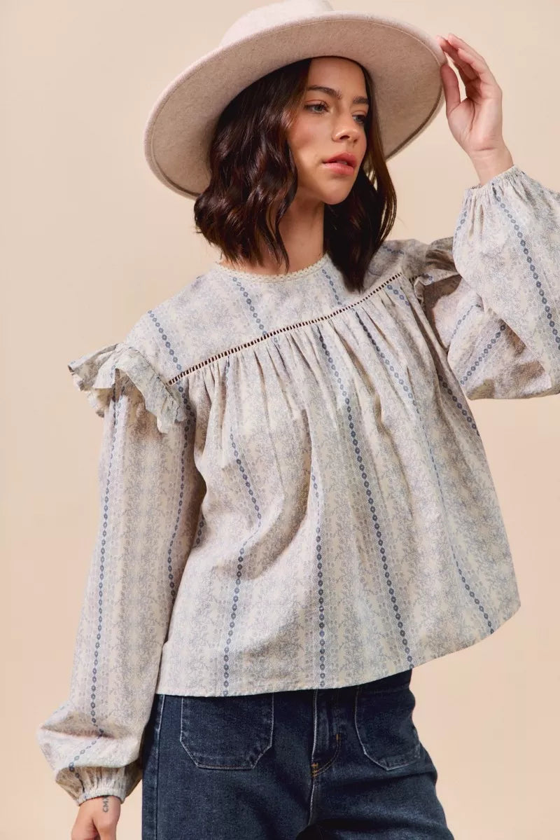 Floral Cotton Print Ruffled Long Sleeve Blouse