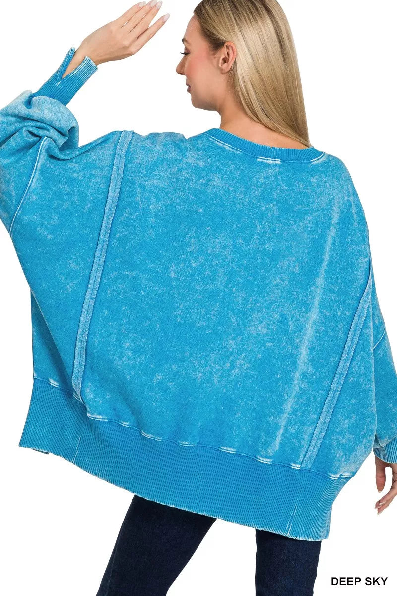 Acid Washed Batwing Sleeve Fleece Sweatshirt