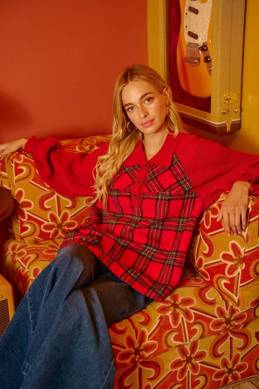 Plaid Buttoned Collared Top with Sweater Sleeve