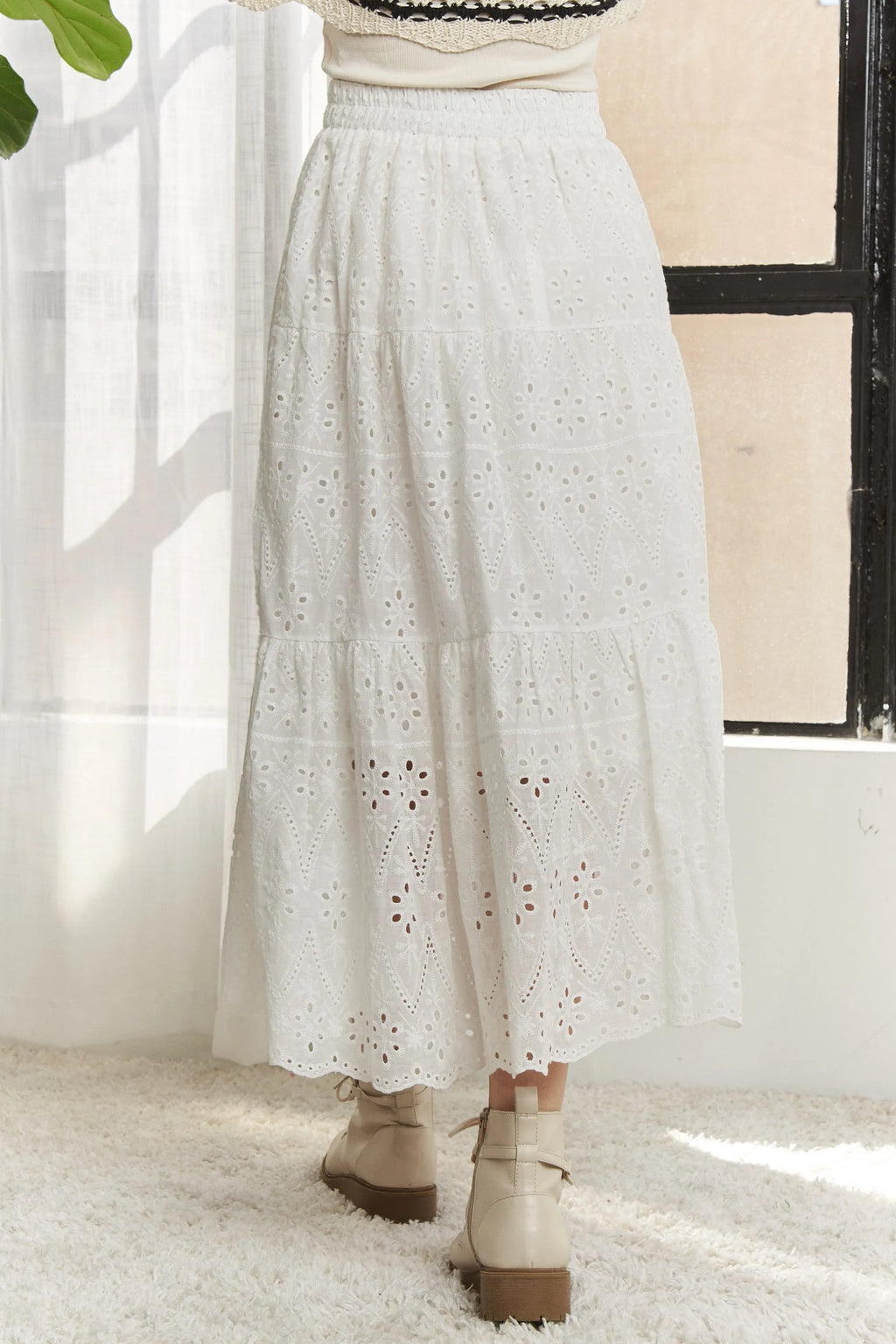 Elastic Waistband Tiered Midi Skirt