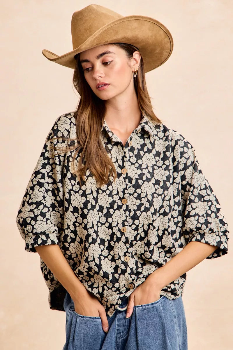 Floral Jacquard Short Dolman Sleeves Shirt