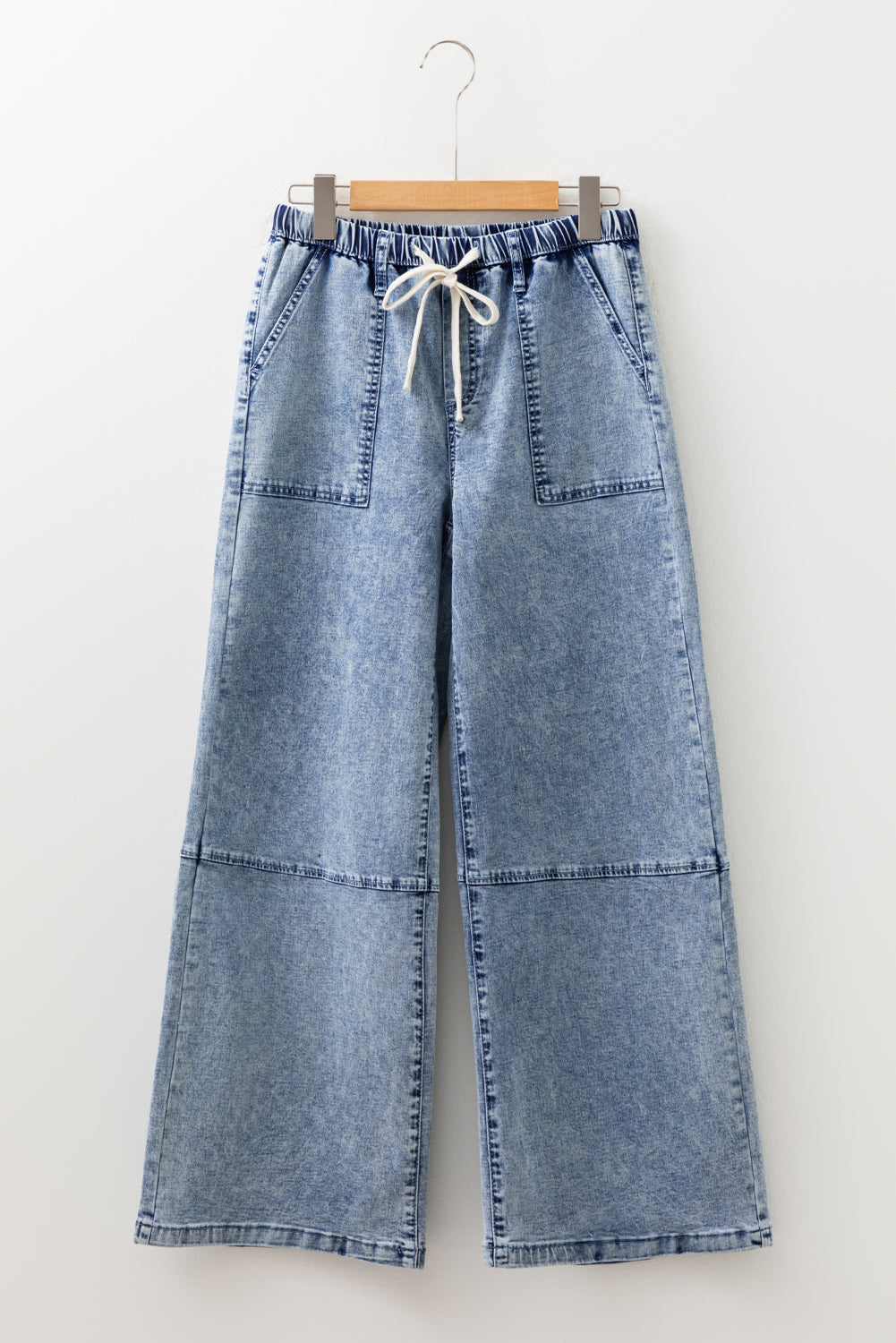 Acid Wash Exposed Seam Drawstring Elastic Waistband Jeans