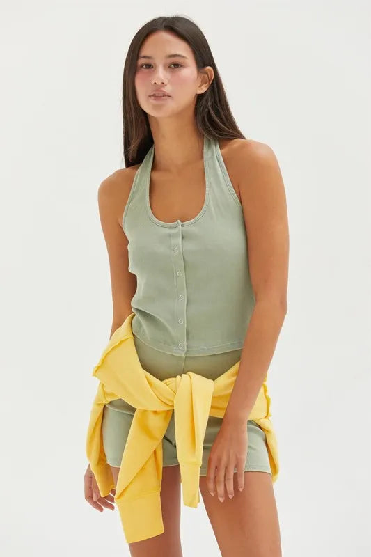 Halter Neck Buttoned Washed Top