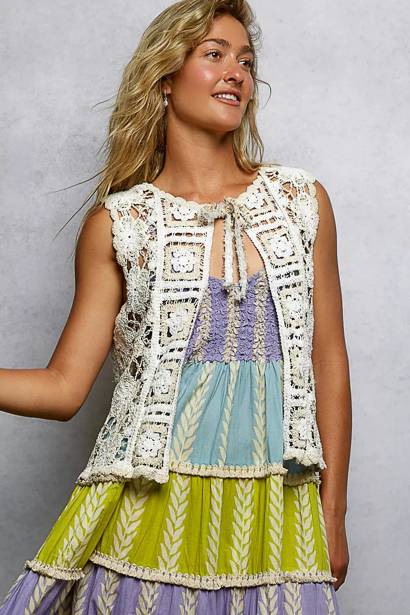 Tie Front Floral Pattern Crochet Vest with Scalloped Edge
