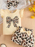 Children's Leopard Bow Top and Shorts Set with Headband