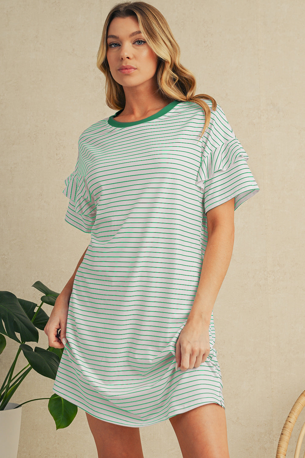 White Stripe Ruffle Short Sleeve T Shirt Mini Dress