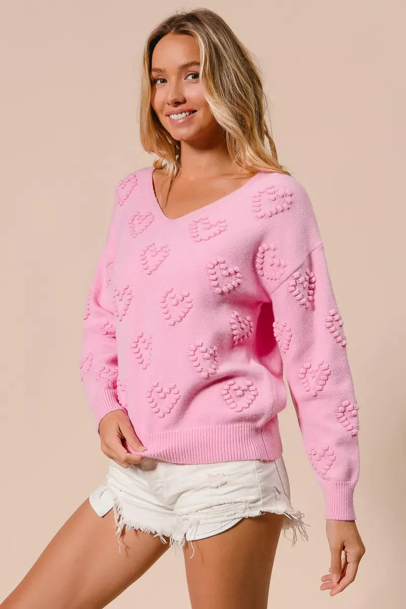 Valentines Heart Pompom V Neck Knit Top
