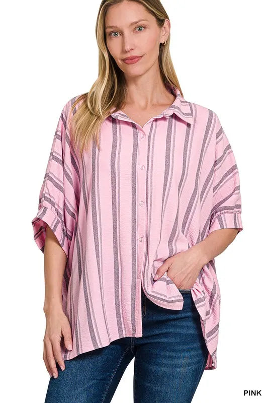 Woven Yarn-Dye Stripe Oversized Button Down Shirt