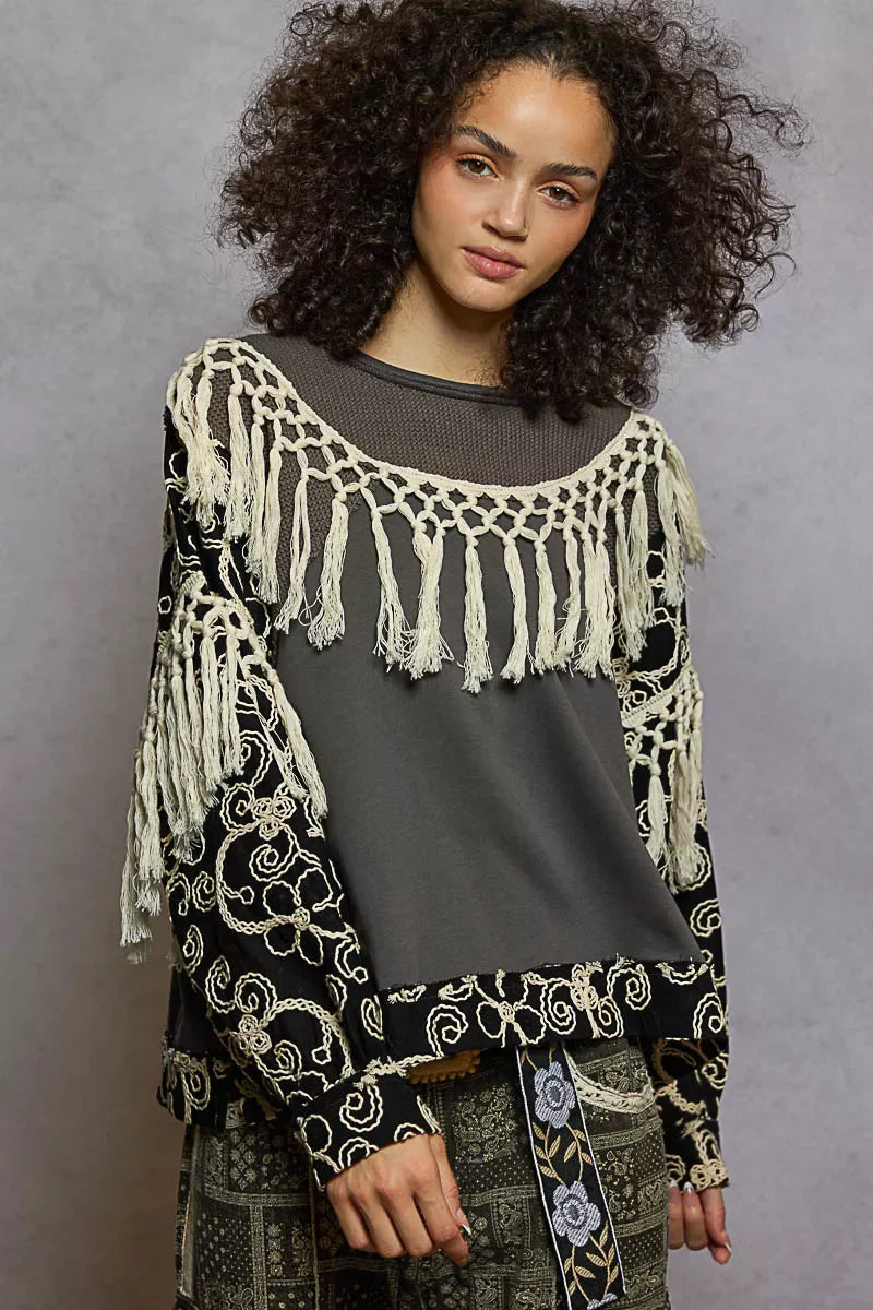 Contrast Floral Embroidery Balloon Sleeve Top with Tassel Trim
