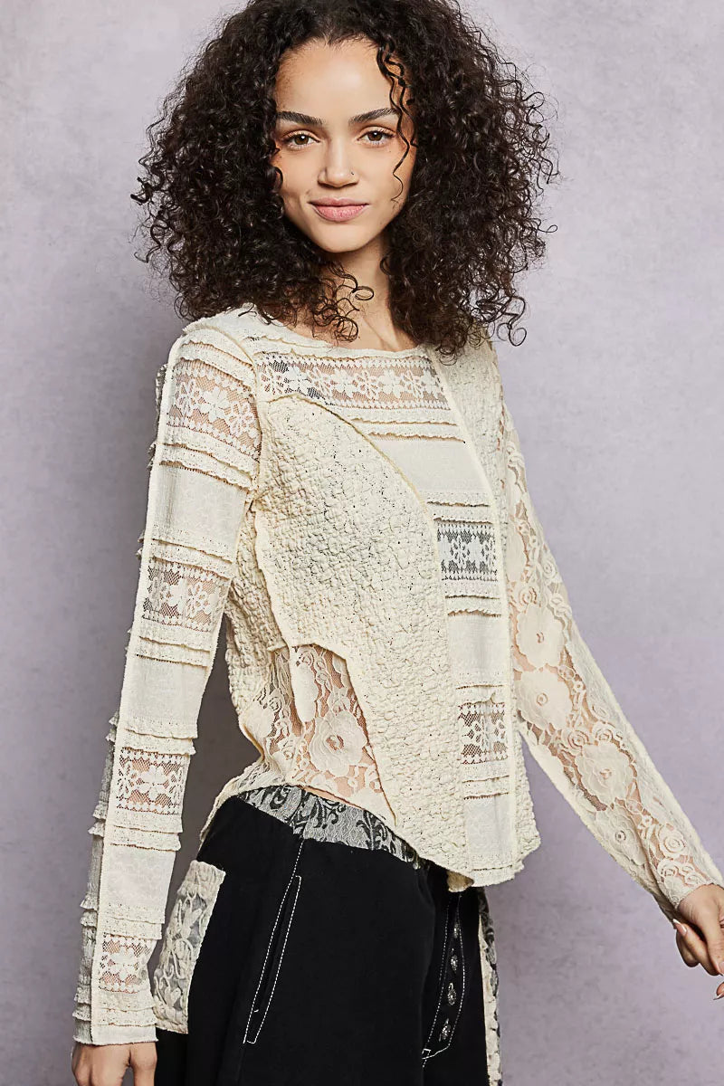 Round Neck Long Sleeve Exposed Seam Top with Lace Detail