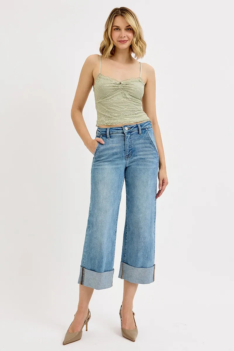 Full Size Tummy Control High Rise Ankle Wide Cuffed Jeans Plus Size